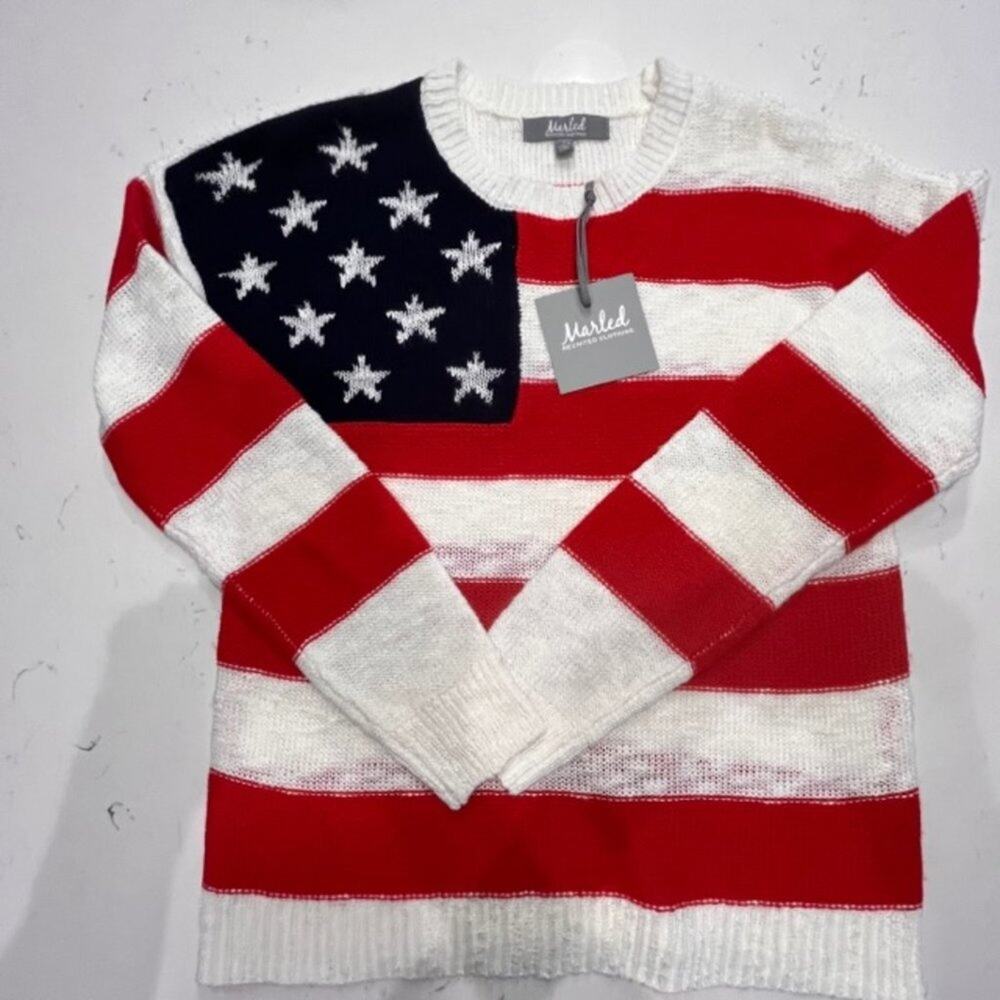 Marled Stars & Stripes Slouchy Sweater Small NWT Patriotic Nautical Knitn